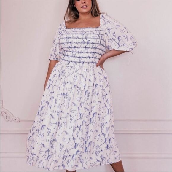 JessKae The Fox Group Quincy Horse Equestrian Midi Smocked Dress Blue Small - Picture 15 of 15